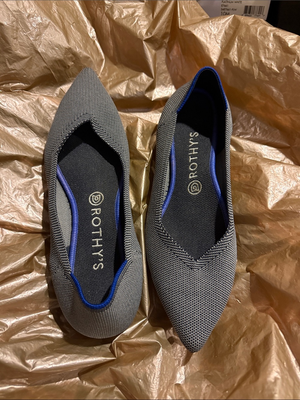 Rothy's Pointed Knit Flats in Gray with Blue Trim